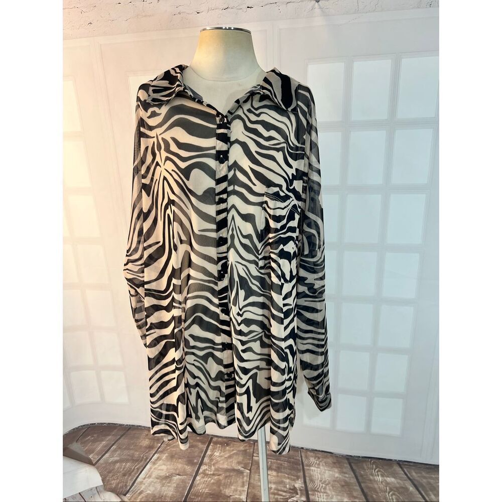 ASOS Design Curve Black White Animal Print Semi Sheer Button Front Blouse Sz 24